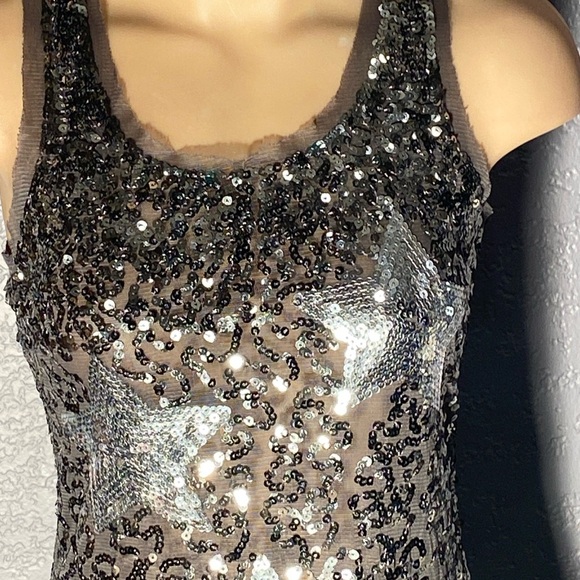 LIPSTICK - tank: black mesh semi-sheer racerback w silver sequins & stars - L - Picture 3 of 16